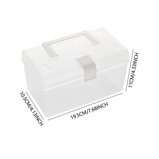 Clear plastic storage box with carry handle and lid, size-marked diagram
