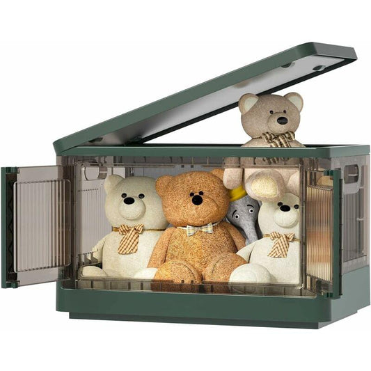 Foldable plastic storage box with clear walls and green lid, open with stuffed toys inside