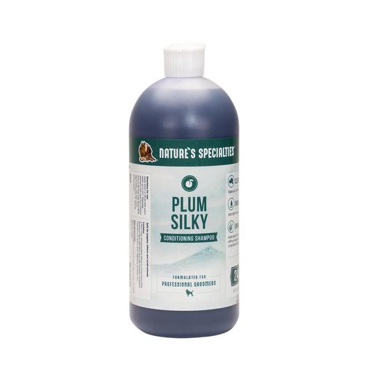 Natures Specialties Plum Silky conditioning shampoo bottle, front label, blue bottle
