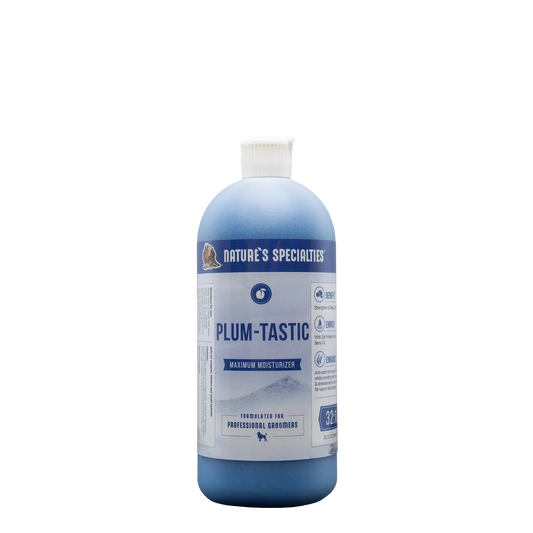 Natures Specialties Plum-Tastic conditioner bottle, blue with white ribbed cap