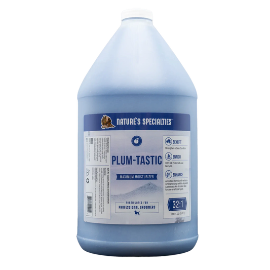 Natures Specialties Plum-Tastic conditioner bottle, blue back label, white cap