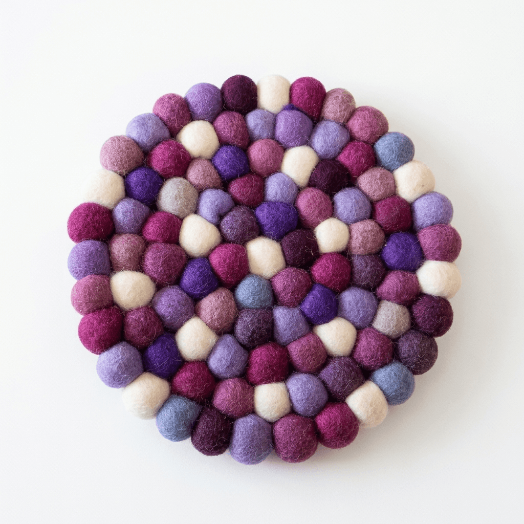 Handmade wool felt trivet with raised purple, violet, lilac, and cream balls
