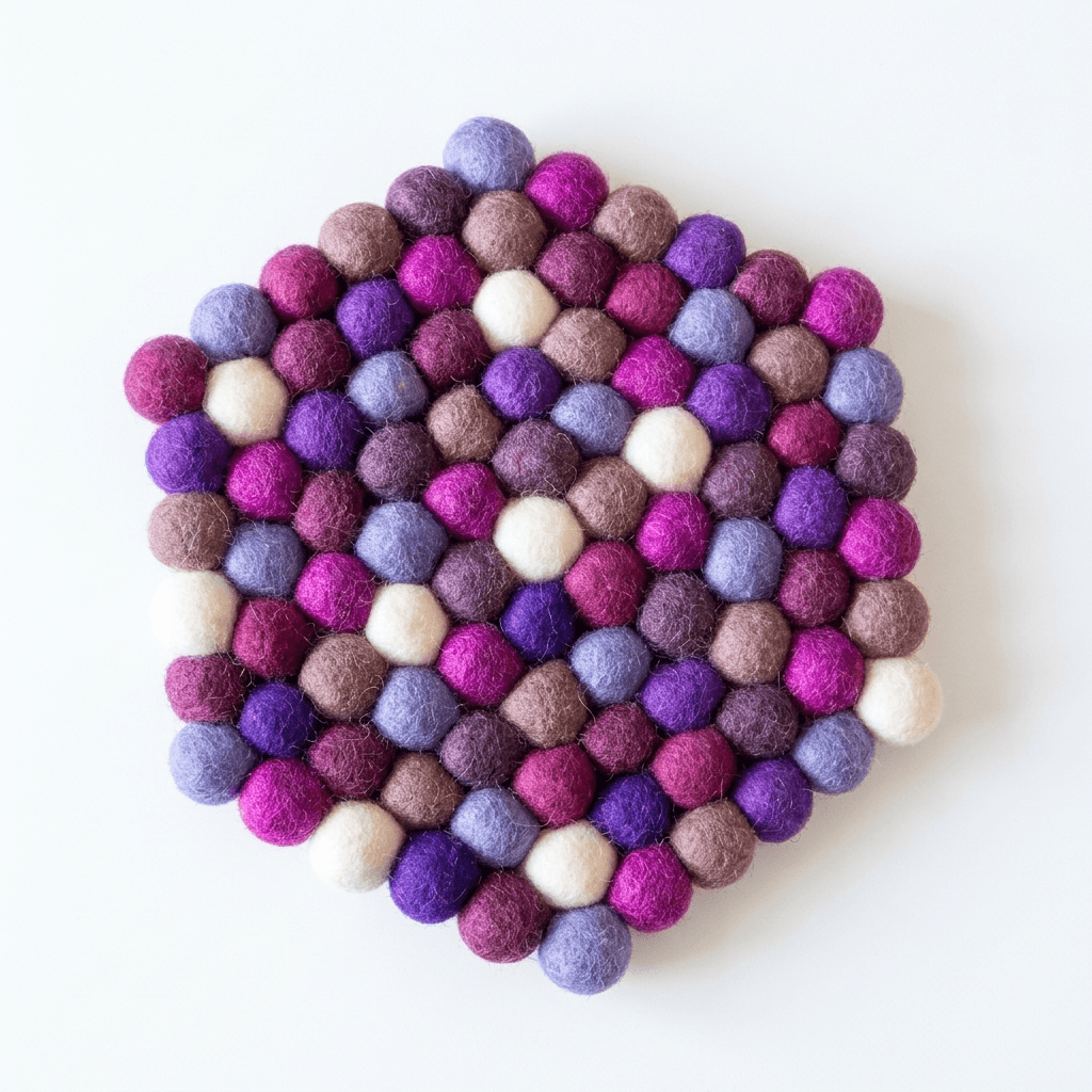 Round wool felt trivet with raised felt balls in purple, plum, and cream