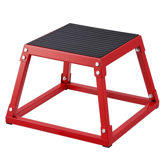 Red plyometric jump box with black ribbed platform and steel cross-braced legs