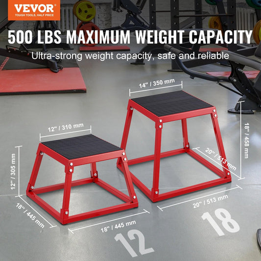 Red plyometric jump boxes with black ribbed surfaces and steel frames