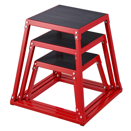 Red plyometric jump box with three anti-slip steps and sturdy steel frame base