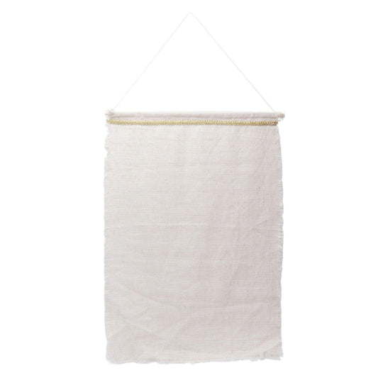 Off-white hanging storage pouch with gold-trim top and stitched hanging loop