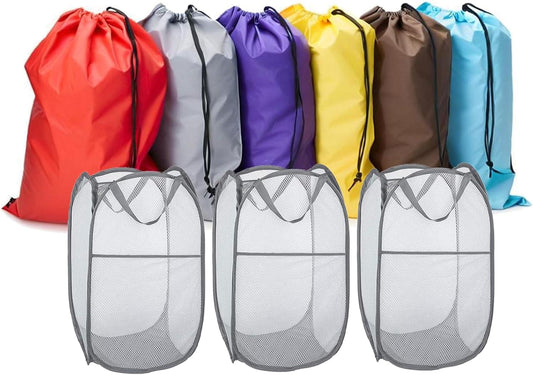 Foldable mesh laundry hamper bags, three gray mesh baskets with drawstring tops