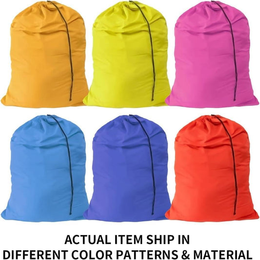 Foldable drawstring laundry bags set of six in yellow, lime, pink, blue, indigo, red