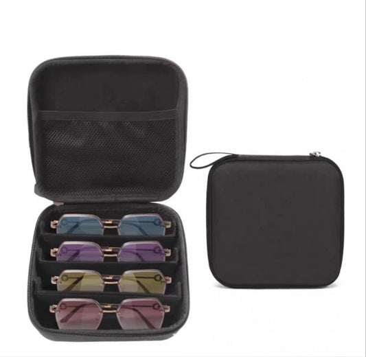Black hard-shell sunglasses organizer case with 4 compartments and zipper, open view
