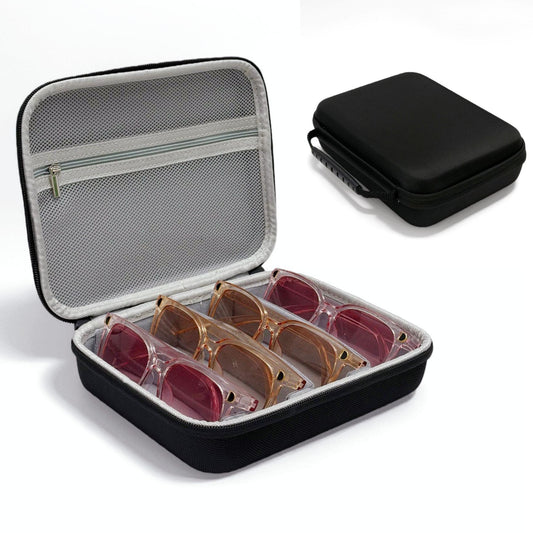 Hard-shell sunglasses organizer case with zipper, open view holding four pairs
