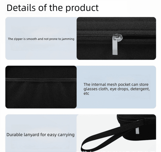Hard-shell sunglasses case with black zipper and internal mesh pocket