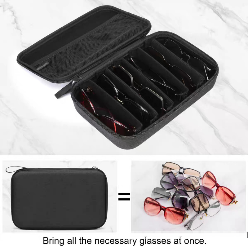 Portable 4-Slot Sunglasses Organiser Case Hard Shell EVA Storage Box Travel Holder with Mesh Pocket 22cm Black