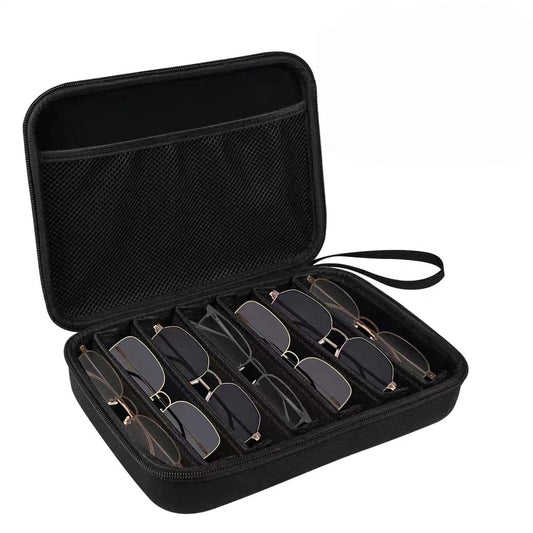 Hard-shell sunglasses organizer case, open view with 7 slots and dark lenses