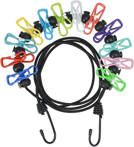 Retractable clothesline with black rope, multi-color spring clips, non-slip hooks