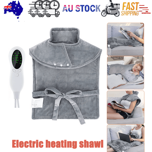 Electric heating shawl wrap in gray with adjustable neck opening and attached power controller