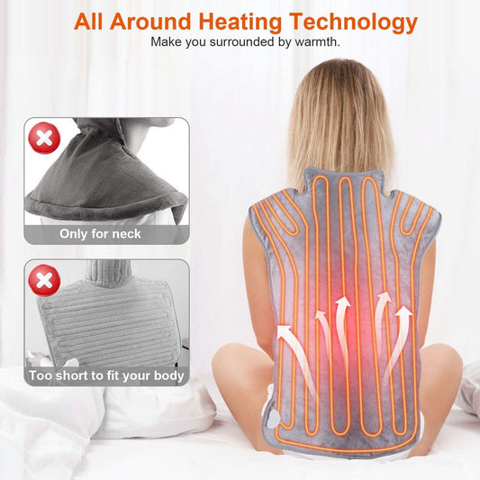 Electric heated neck and back wrap showing multiple heating zones across the back