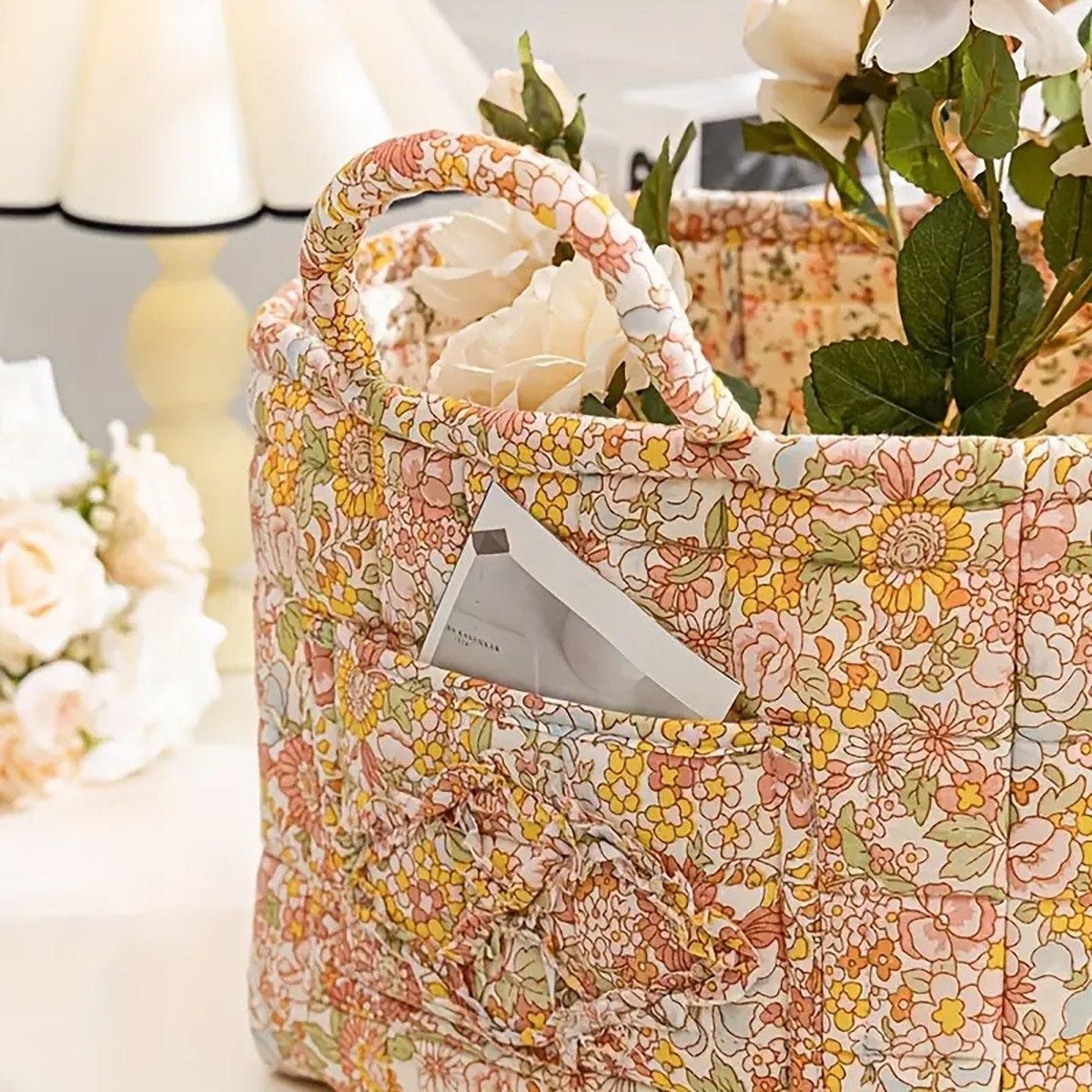 Portable Fabric Storage Basket Korean Pastoral Style Organizer for Home Sundries - Floral2