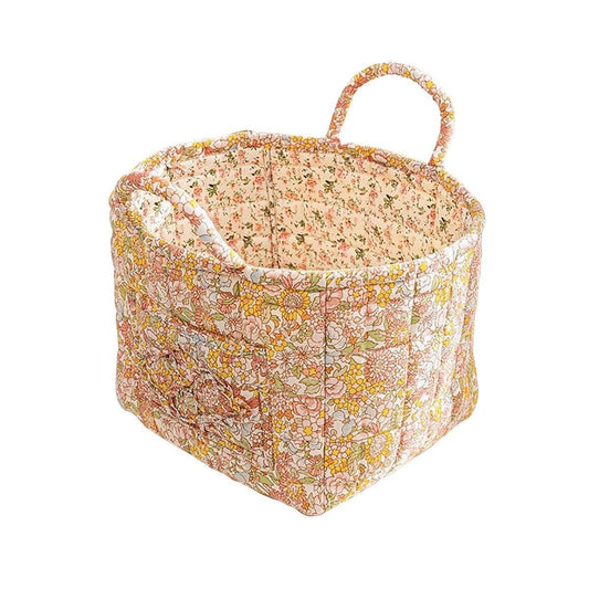 Floral fabric storage basket with top handle, round bin shape