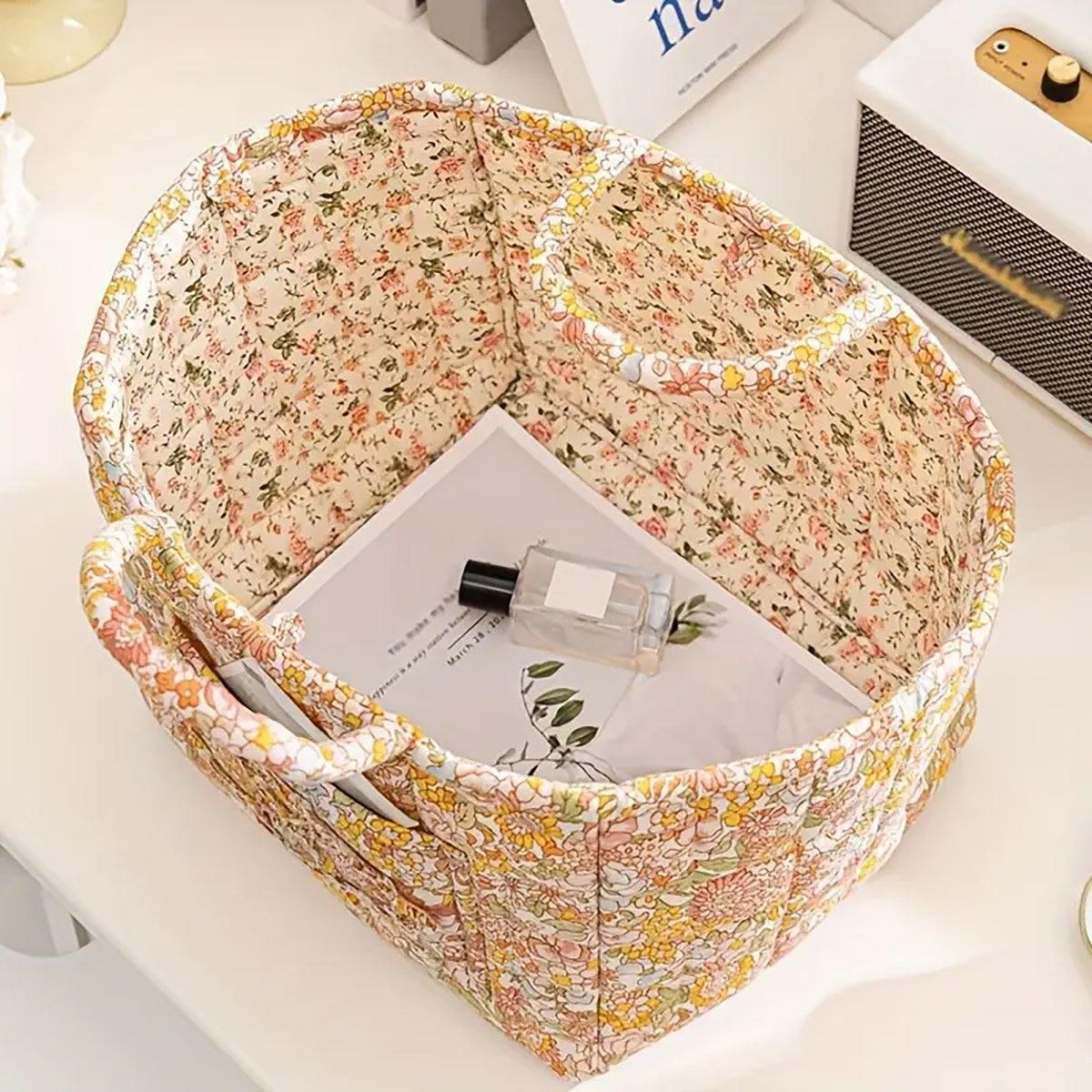 Portable Fabric Storage Basket Korean Pastoral Style Organizer for Home Sundries - Floral5