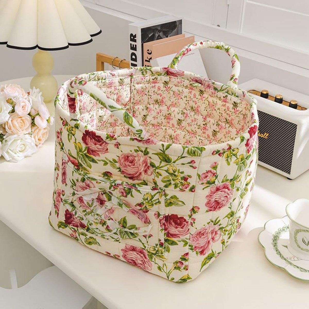 Portable Fabric Storage Basket Korean Pastoral Style Organizer for Home Sundries - Floral5