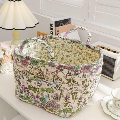 Portable Fabric Storage Basket Korean Pastoral Style Organizer for Home Sundries - Floral5