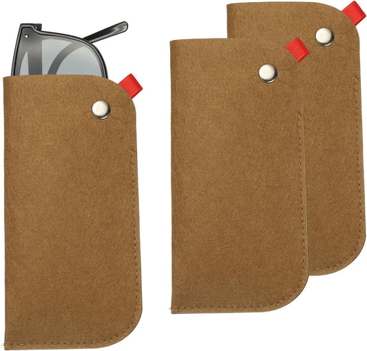 Brown felt glasses pouch with snap button and red ear-hanging strap, front view