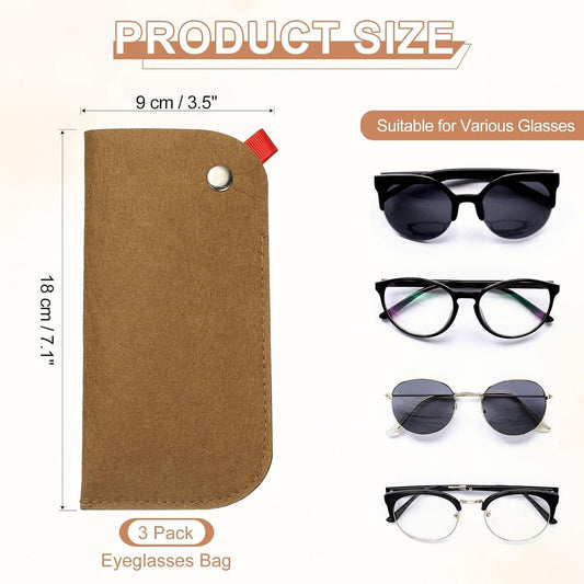Tan felt glasses pouch with snap stud and red hanging tab, front view