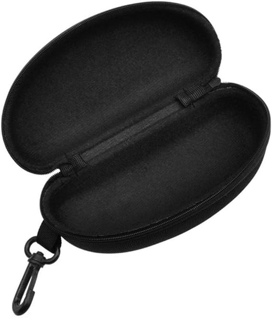 Black hard-shell glasses case with zipper and carabiner clip, curved half-oval shape