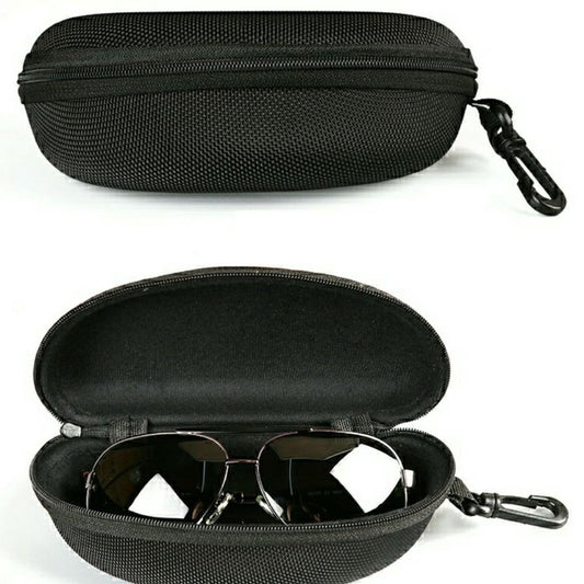 Black zippered glasses case, open top with clip and interior view of sunglasses