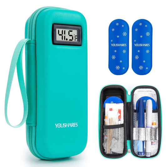 Green portable insulin cooler case with digital temperature display and wrist strap