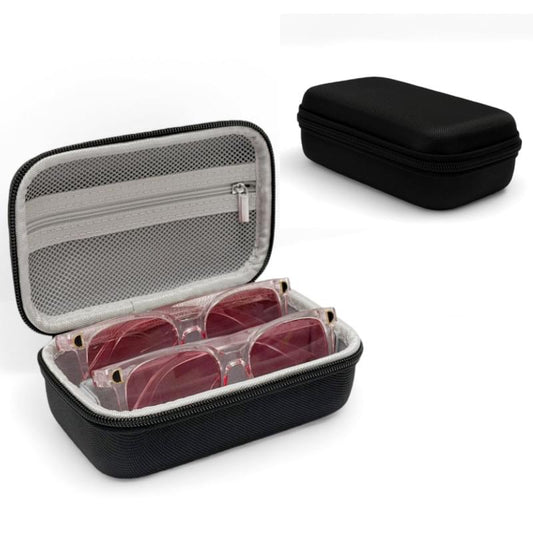 Black hard-shell sunglasses organizer case with mesh pocket, holding two pairs inside