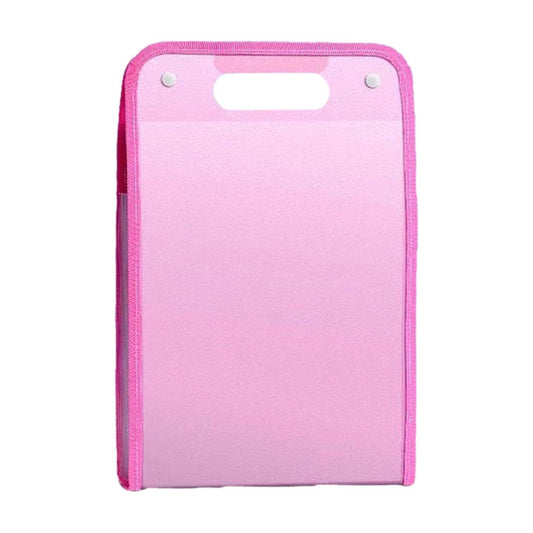 Pink vertical accordion file folder bag with top handle slot on front panel