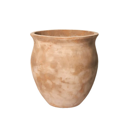 Beige ceramic pot with wide flared rim and rounded body.