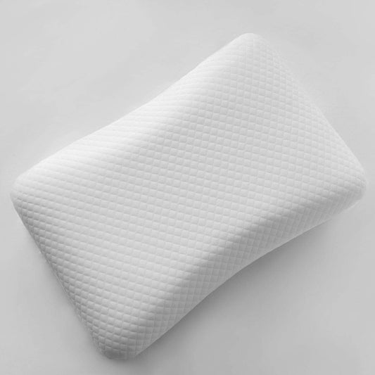 White memory foam neck pillow with quilted surface, contoured ergonomic shape