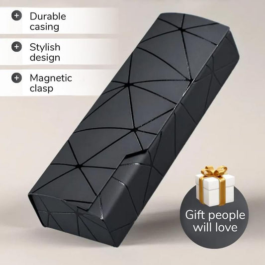 Black geometric eyeglass case with textured panels and magnetic closure