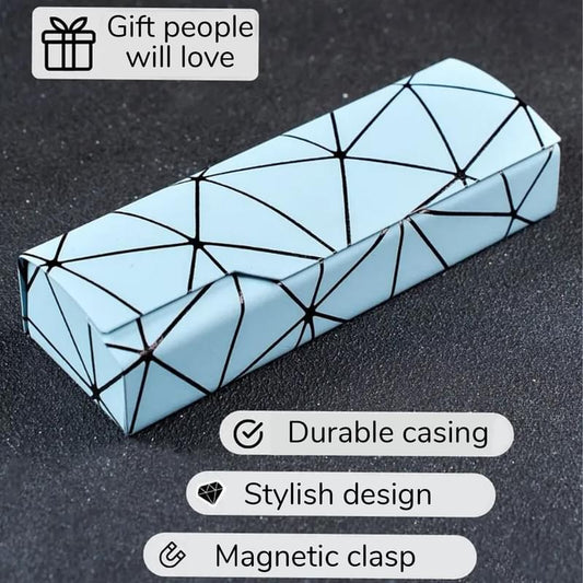 Blue geometric eyeglass case with magnetic clasp; hard shell and shock-resistant design