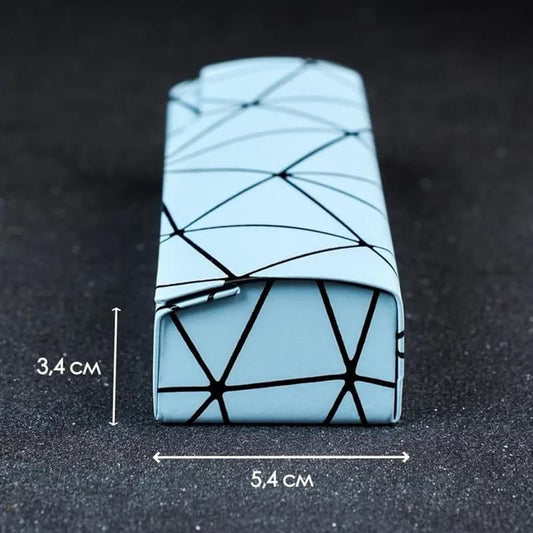 Blue eyeglass case with geometric pattern, front opening and secure closure