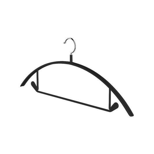 Black velvet non-slip clothes hanger with chrome hook and notched shoulders