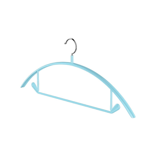 Blue velvet clothes hanger with chrome hook, round no-shoulder-bump shape