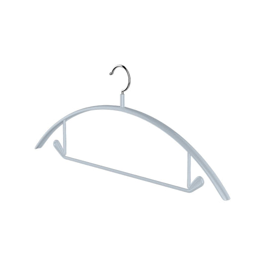 Single gray velvet clothes hanger with curved shoulders and metal hook