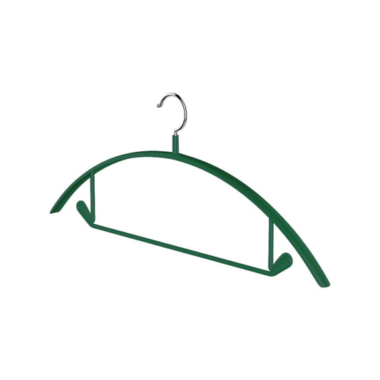 Green velvet non-slip hanger with metal hook, curved shoulders and anti-slip notches.
