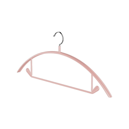 Pink velvet round clothes hanger with chrome hook, no-shoulder-bump design