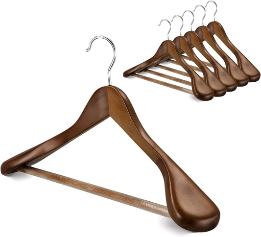 Vintage brown wooden coat hanger with curved wide shoulders and chrome hook