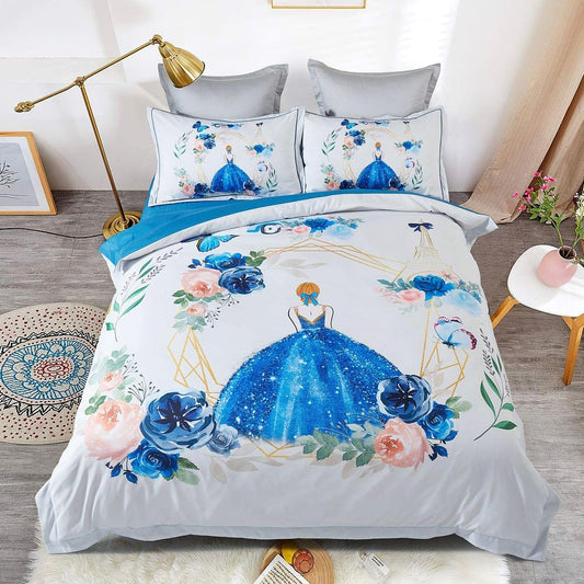 Kids duvet cover set with blue princess gown floral print and two gray-backed pillowcases