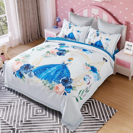 Kids quilt cover set with blue princess dress and floral print, two pillowcases