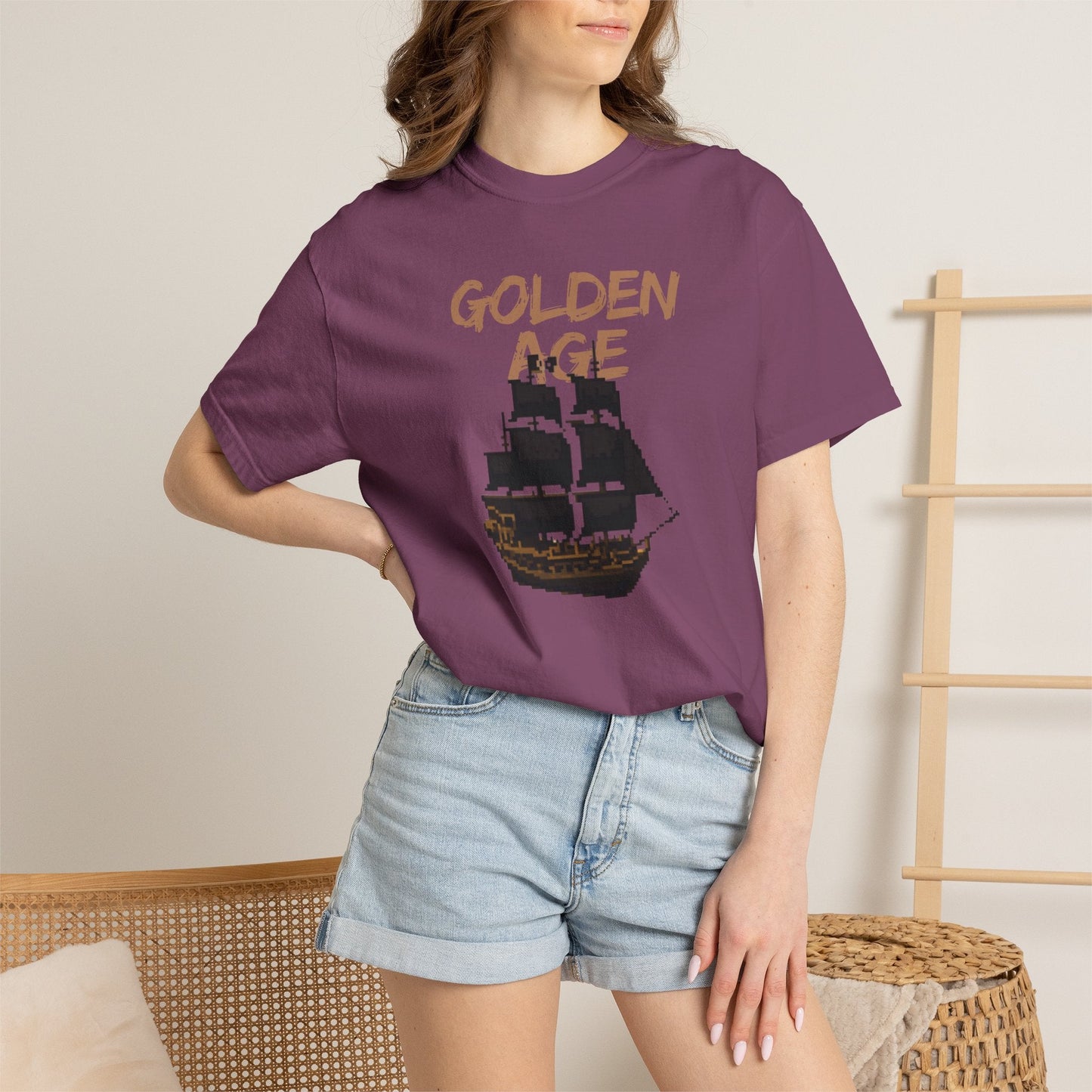 Golden Age Retro Pixel Art Pirate Ship Graphic Tee | Unisex Comfort Colors 1717  Designed By Aprasi