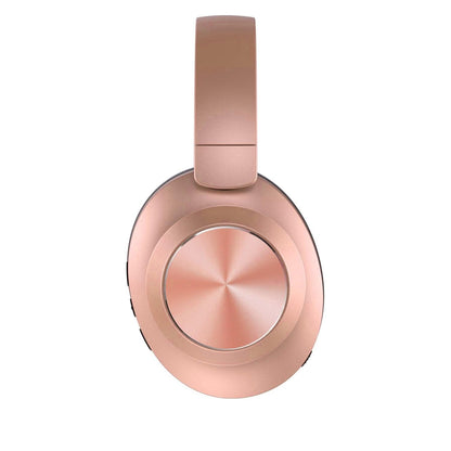 Rose gold over-ear wireless headphones with circular earcups and padded headband.