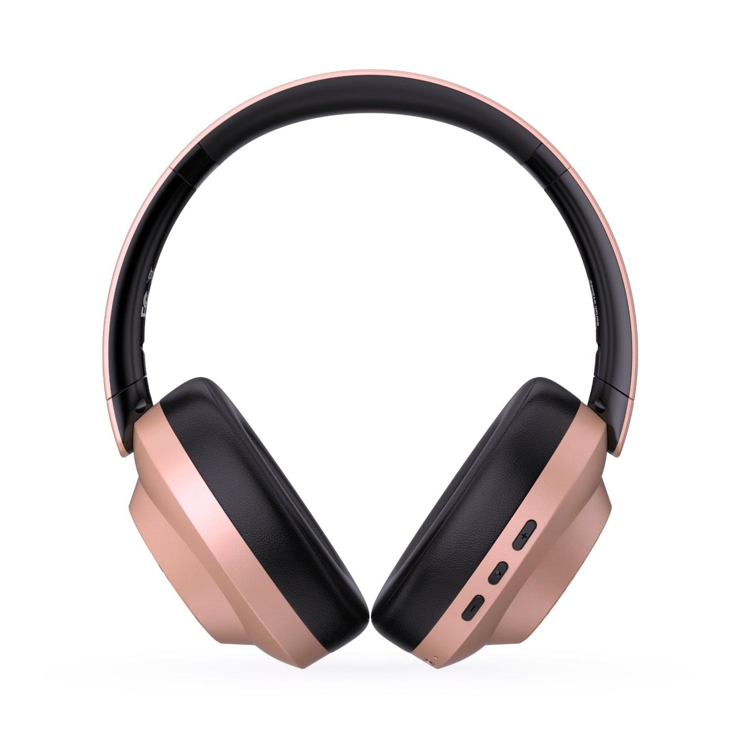 Rose gold and black over-ear headphones, front view with two cushioned earcups.