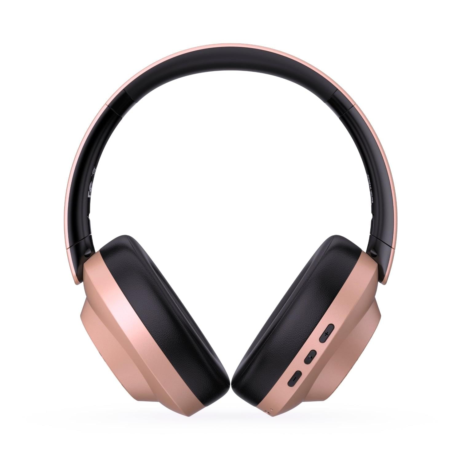 Rose gold and black over-ear headphones, front view with two cushioned earcups.